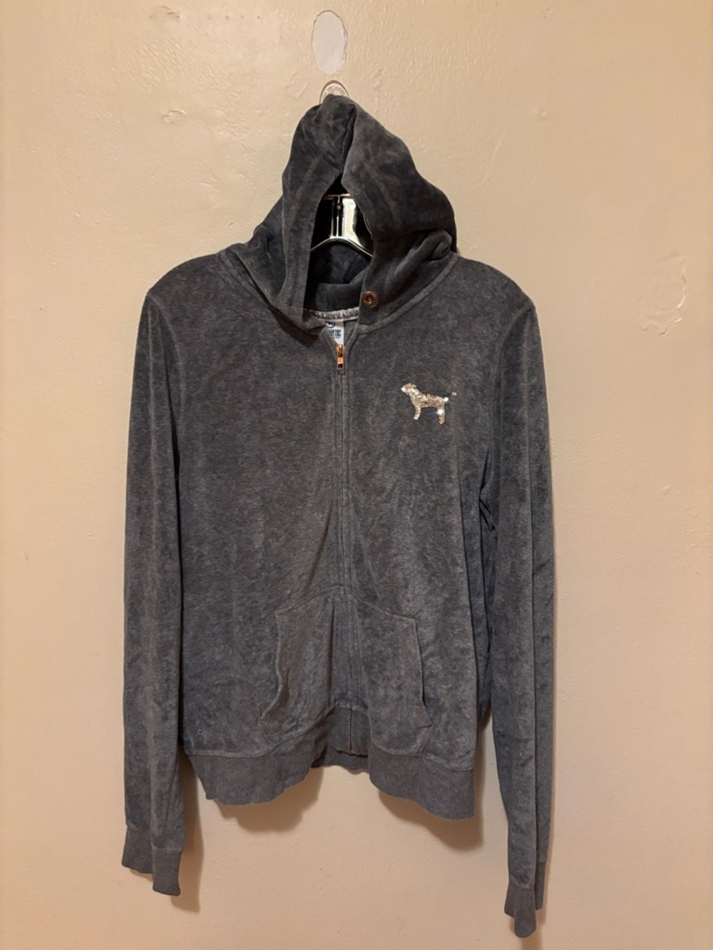 PINK Victoria's Secret Charcoal Gray Hooded Zip-Up Jacket with Dog Emblem